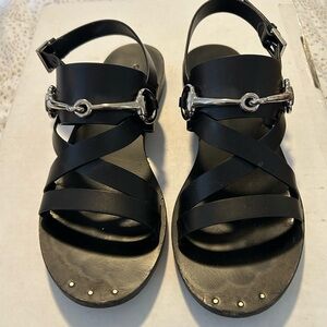 Gucci Black Leather Crisscross Sandals with Silver Horsebit